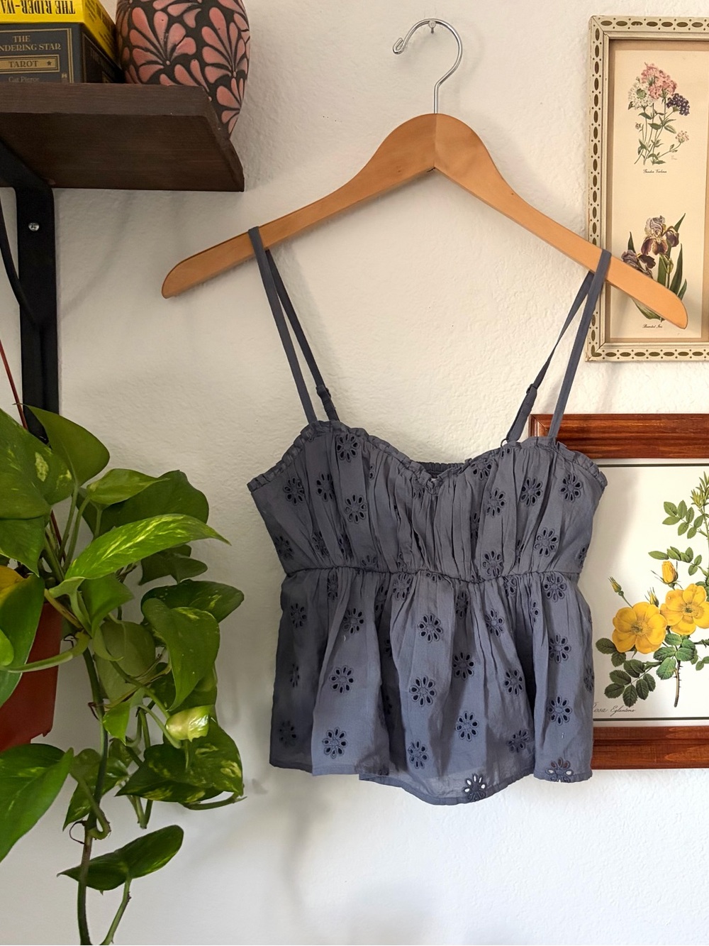 Hollister Babydoll Eyelet Smocked Cami Cropped Top in Slate Gray Cotton XS